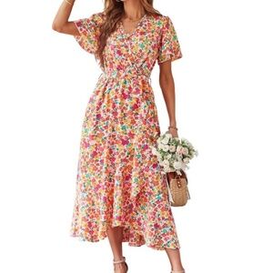 Pink, Orange, & Green Floral Flowy Maxi Dress - XXL - PRETTYGARDEN